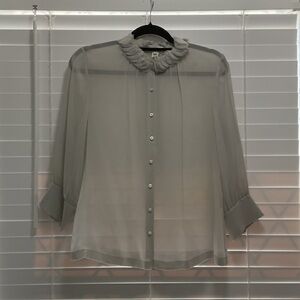 J. Crew Factory  100% silk sheer Ruffle-Neck Button-Front Blouse - Light Gray